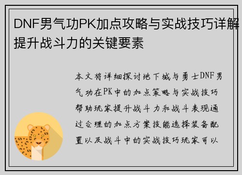 DNF男气功PK加点攻略与实战技巧详解提升战斗力的关键要素